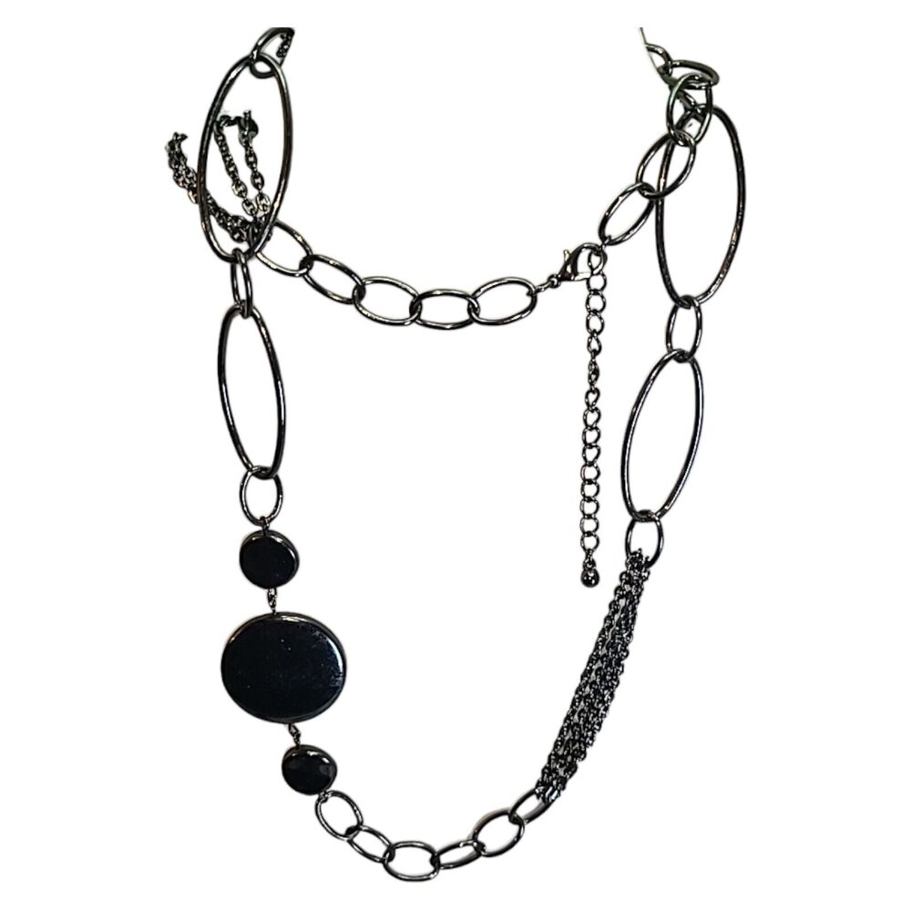 Retro Y2k Gunmetal Mixed Chain Station Necklace 32"-35"‎